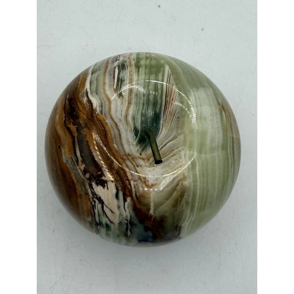 Green Brown Onyx Apple Paperweight Carved Polished Solid Marble Natural Stone 4”